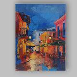 Vibrant Mediterranean Old Town Night Street Impasto Cityscape Canvas Wall Art Print Decor Picture Ready to Hang