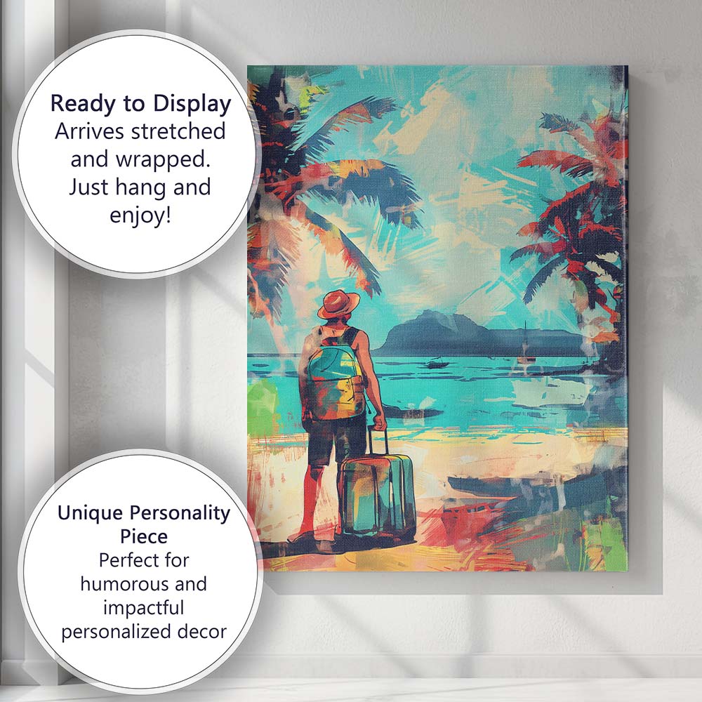 Tropical Beach Traveller Palm Tree Holiday Illustration Canvas Wall Art Print Decor Picture Ready to Hang