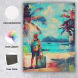 Tropical Beach Traveller Palm Tree Holiday Illustration Canvas Wall Art Print Decor Picture Ready to Hang