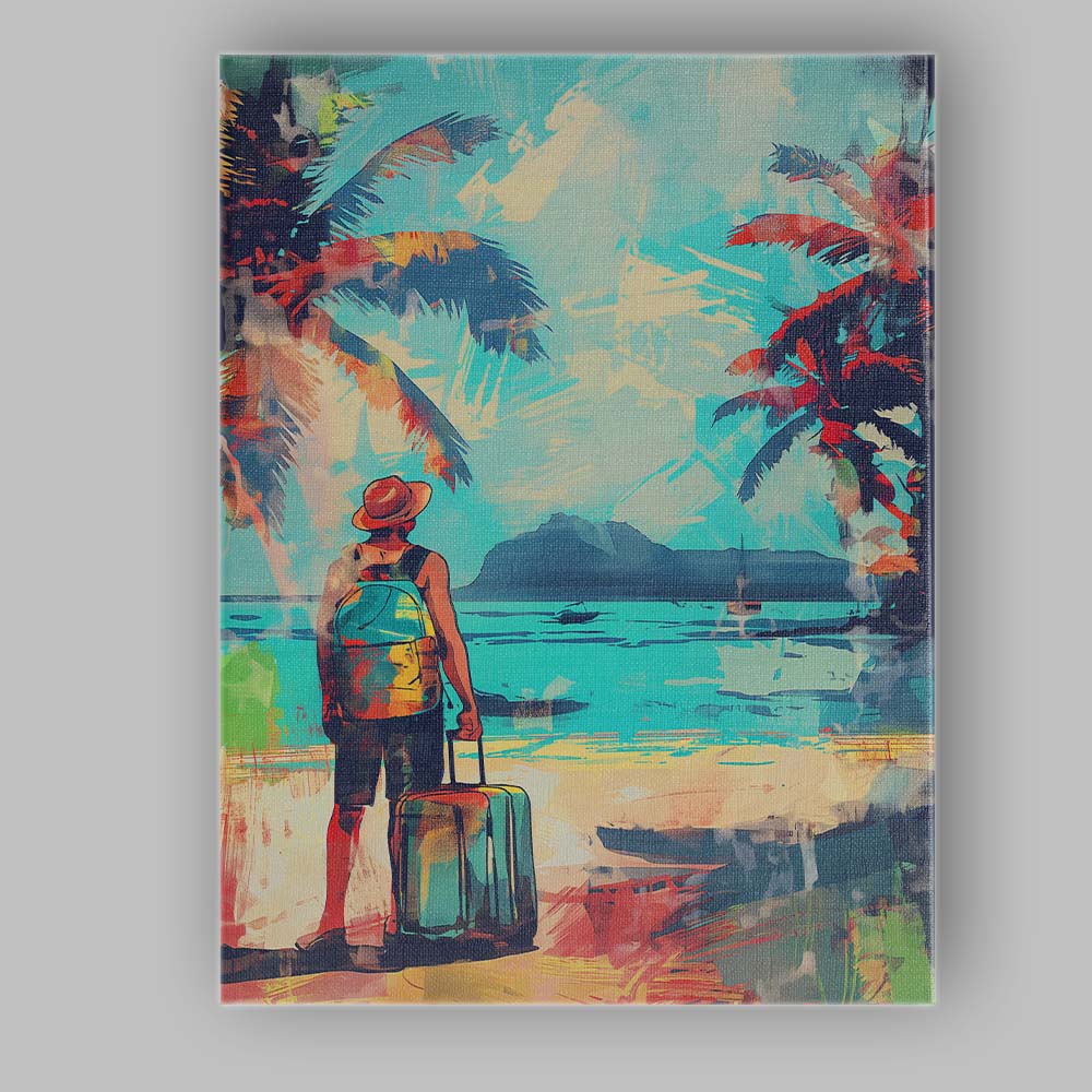 Tropical Beach Traveller Palm Tree Holiday Illustration Canvas Wall Art Print Decor Picture Ready to Hang