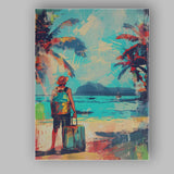 Tropical Beach Traveller Palm Tree Holiday Illustration Canvas Wall Art Print Decor Picture Ready to Hang