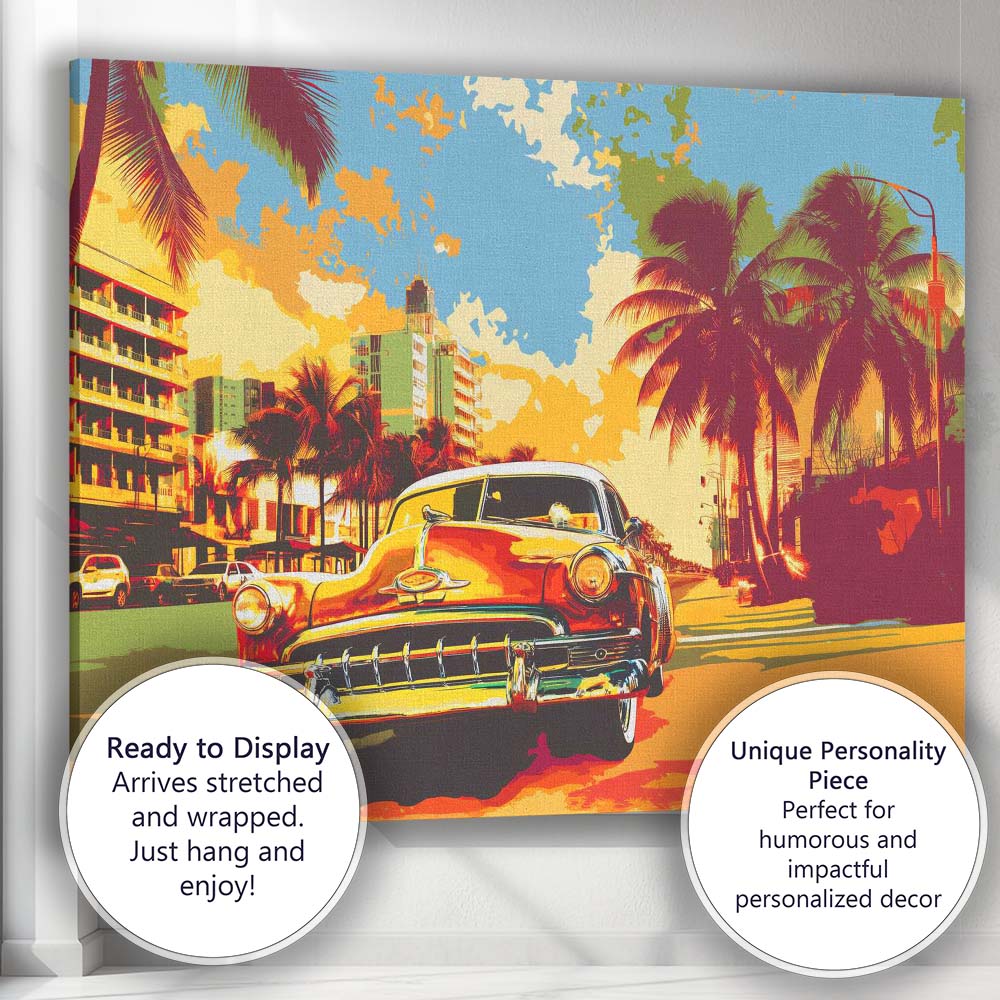 Tropical Palm Tree Boulevard Classic American Car Pop Art Canvas Wall Art Print Decor Picture Ready to Hang