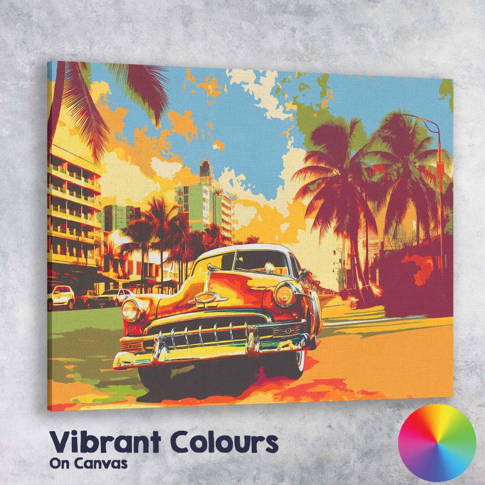 Tropical Palm Tree Boulevard Classic American Car Pop Art Canvas Wall Art Print Decor Picture Ready to Hang