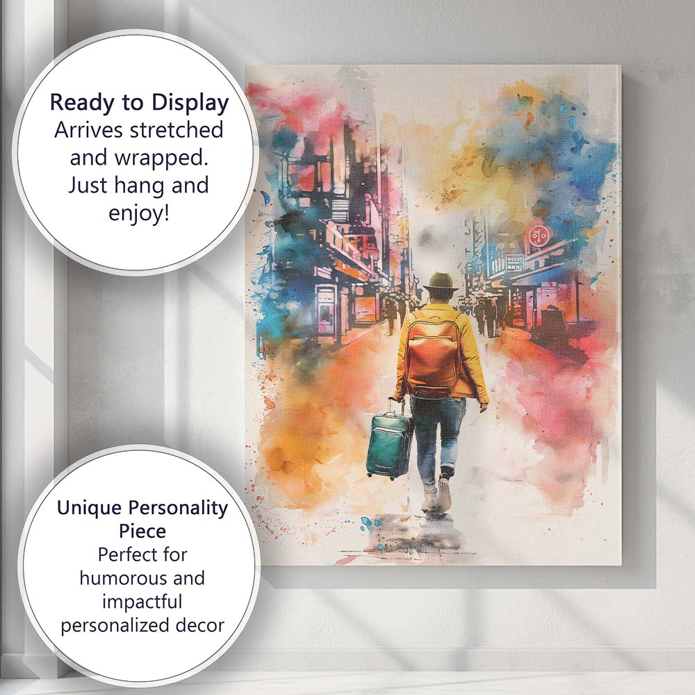 Watercolour Urban Traveller With Backpack And Suitcase City Street Canvas Wall Art Print Decor Picture Ready to Hang