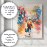 Watercolour Urban Traveller With Backpack And Suitcase City Street Canvas Wall Art Print Decor Picture Ready to Hang