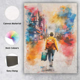 Watercolour Urban Traveller With Backpack And Suitcase City Street Canvas Wall Art Print Decor Picture Ready to Hang