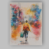 Watercolour Urban Traveller With Backpack And Suitcase City Street Canvas Wall Art Print Decor Picture Ready to Hang