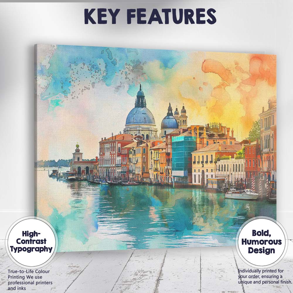 Venice Grand Canal Watercolour Cityscape Italian Architecture Canvas Wall Art Print Decor Picture Ready to Hang