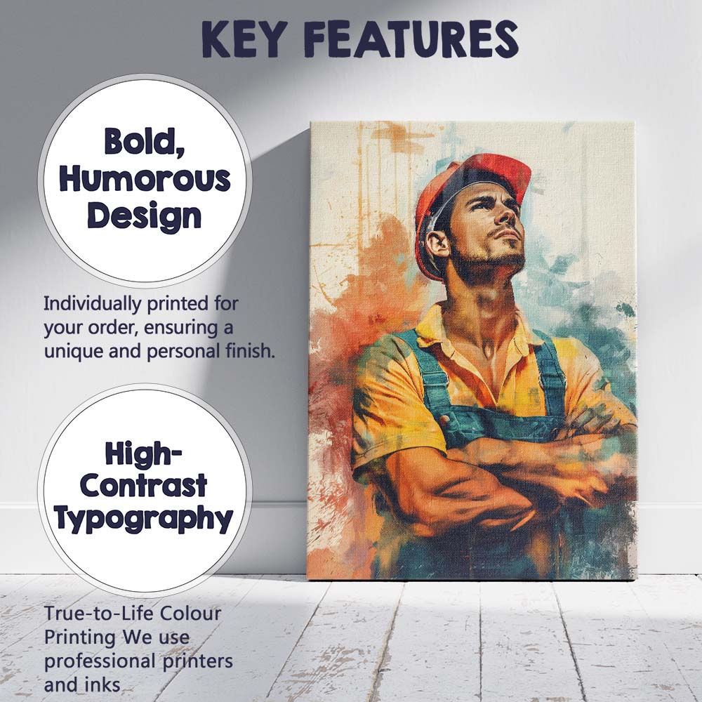 Confident Construction Worker Portrait Watercolour Industrial Artwork Canvas Wall Art Print Decor Picture Ready to Hang