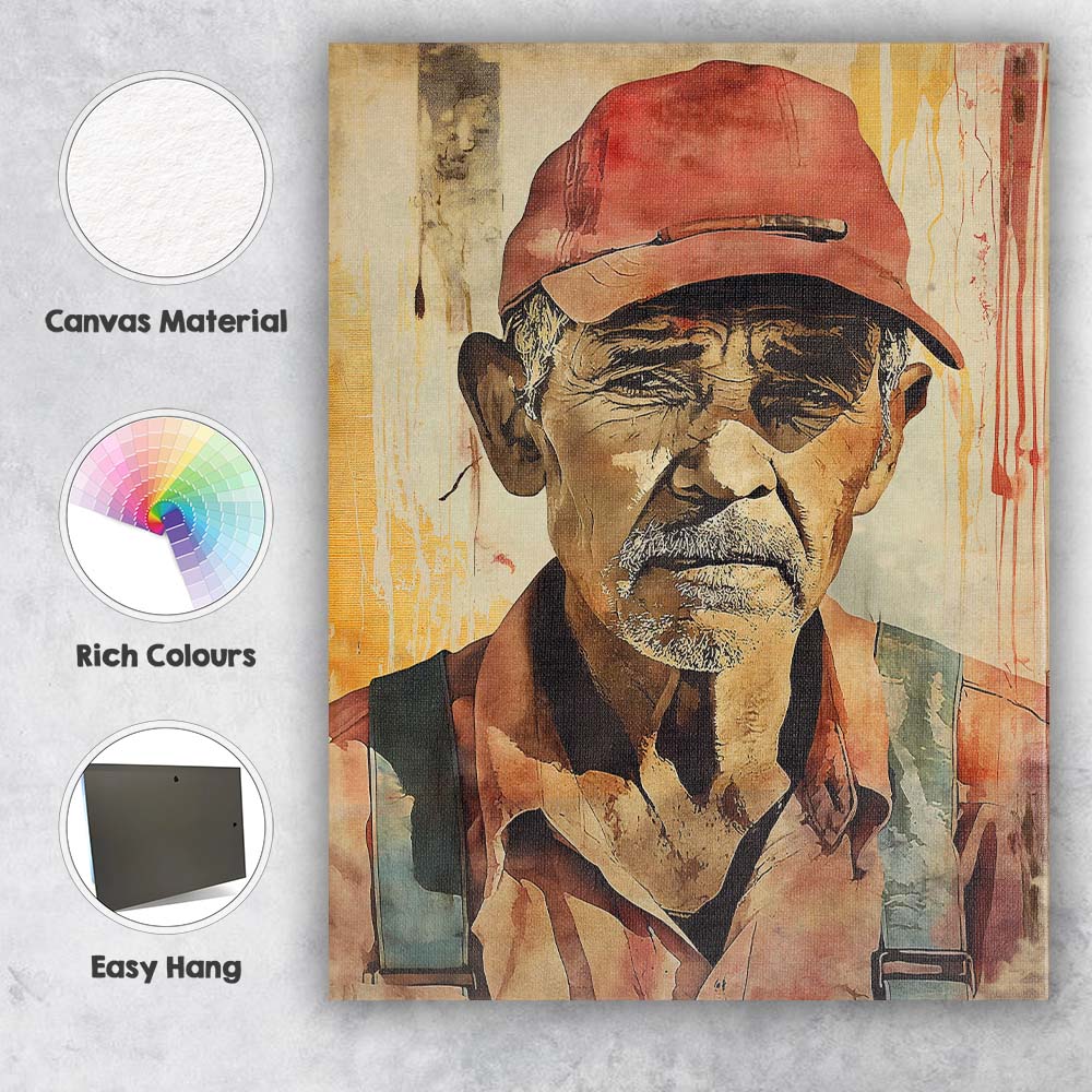 Elderly Labourer Portrait Rustic Watercolour Character Art Canvas Wall Art Print Decor Picture Ready to Hang