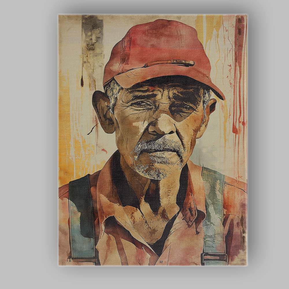Elderly Labourer Portrait Rustic Watercolour Character Art Canvas Wall Art Print Decor Picture Ready to Hang