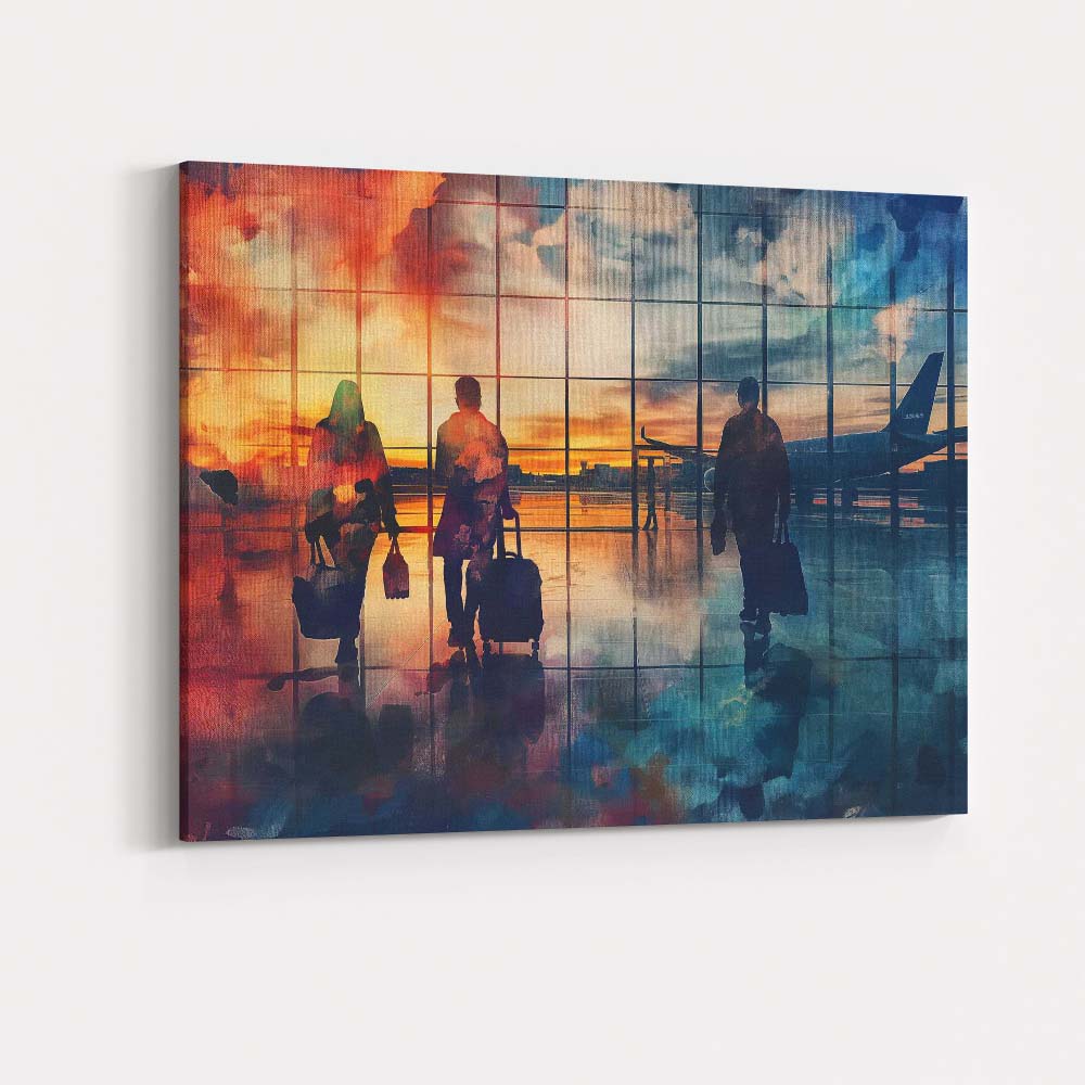 Airport Departure Lounge Traveller Silhouette Sunset Travel Canvas Wall Art Print Decor Picture Ready to Hang