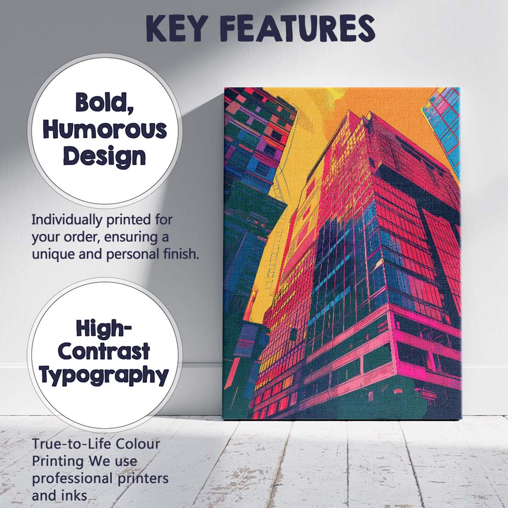 Modern Glass Skyscraper City Architecture Neon Pop Art Canvas Wall Art Print Decor Picture Ready to Hang