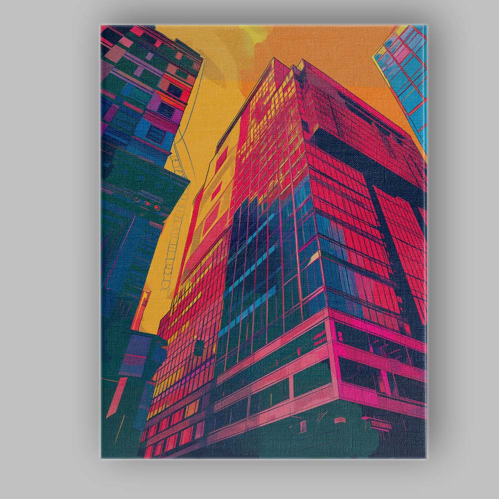 Modern Glass Skyscraper City Architecture Neon Pop Art Canvas Wall Art Print Decor Picture Ready to Hang