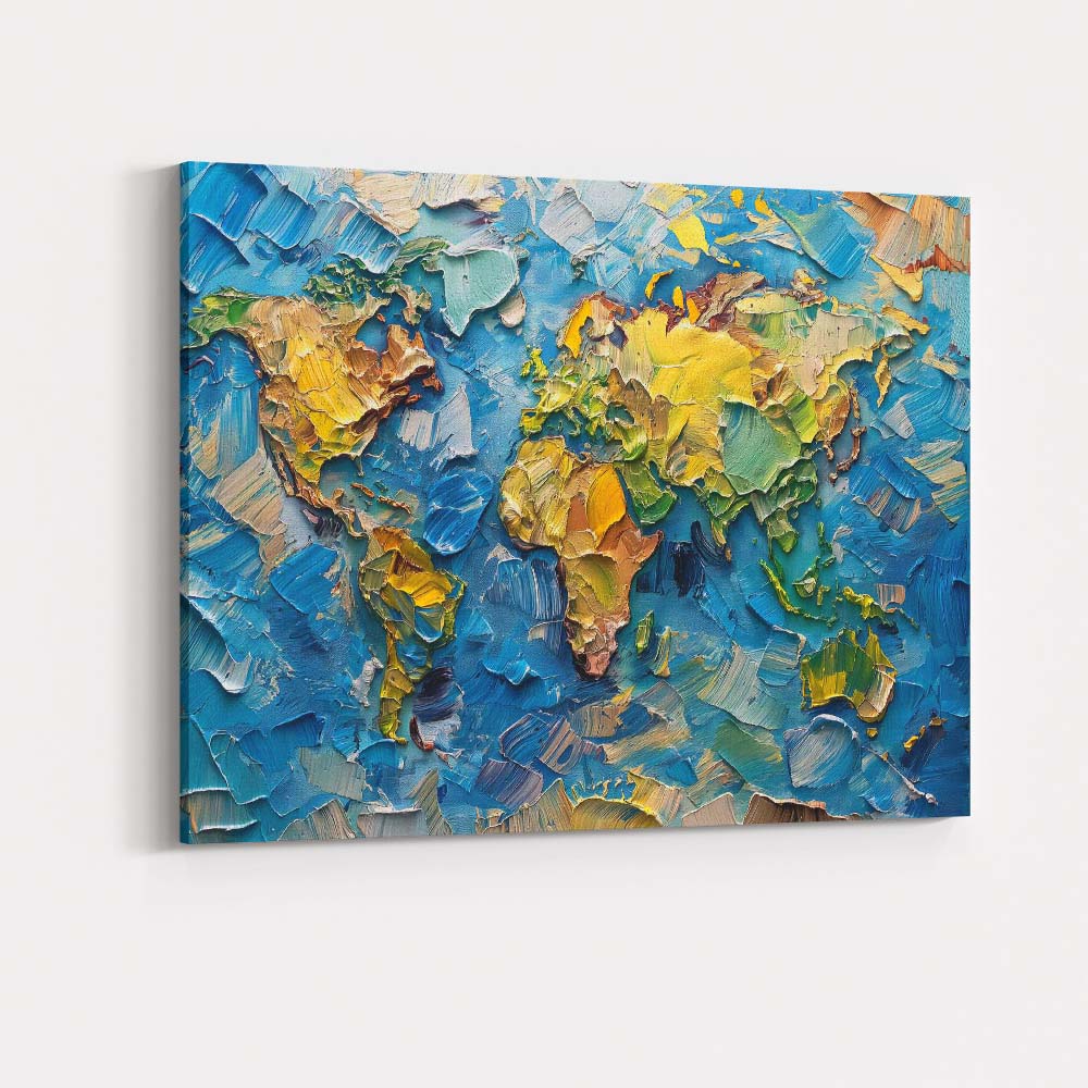 Textured World Map Impasto Oil Paint Abstract Artwork Canvas Wall Art Print Decor Picture Ready to Hang