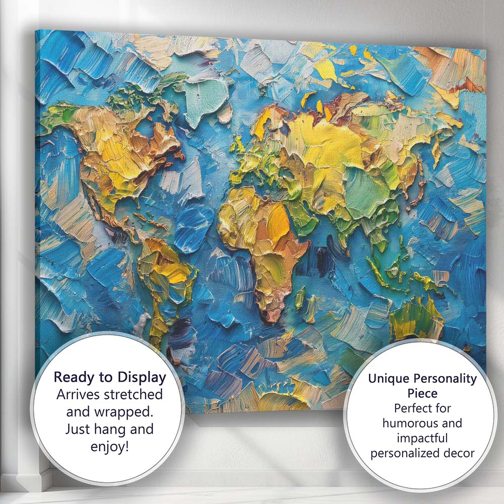 Textured World Map Impasto Oil Paint Abstract Artwork Canvas Wall Art Print Decor Picture Ready to Hang