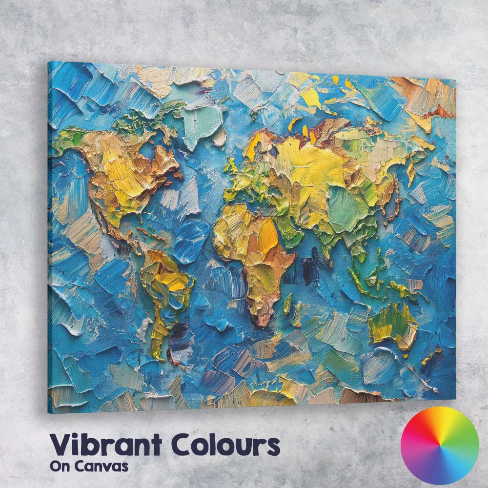 Textured World Map Impasto Oil Paint Abstract Artwork Canvas Wall Art Print Decor Picture Ready to Hang