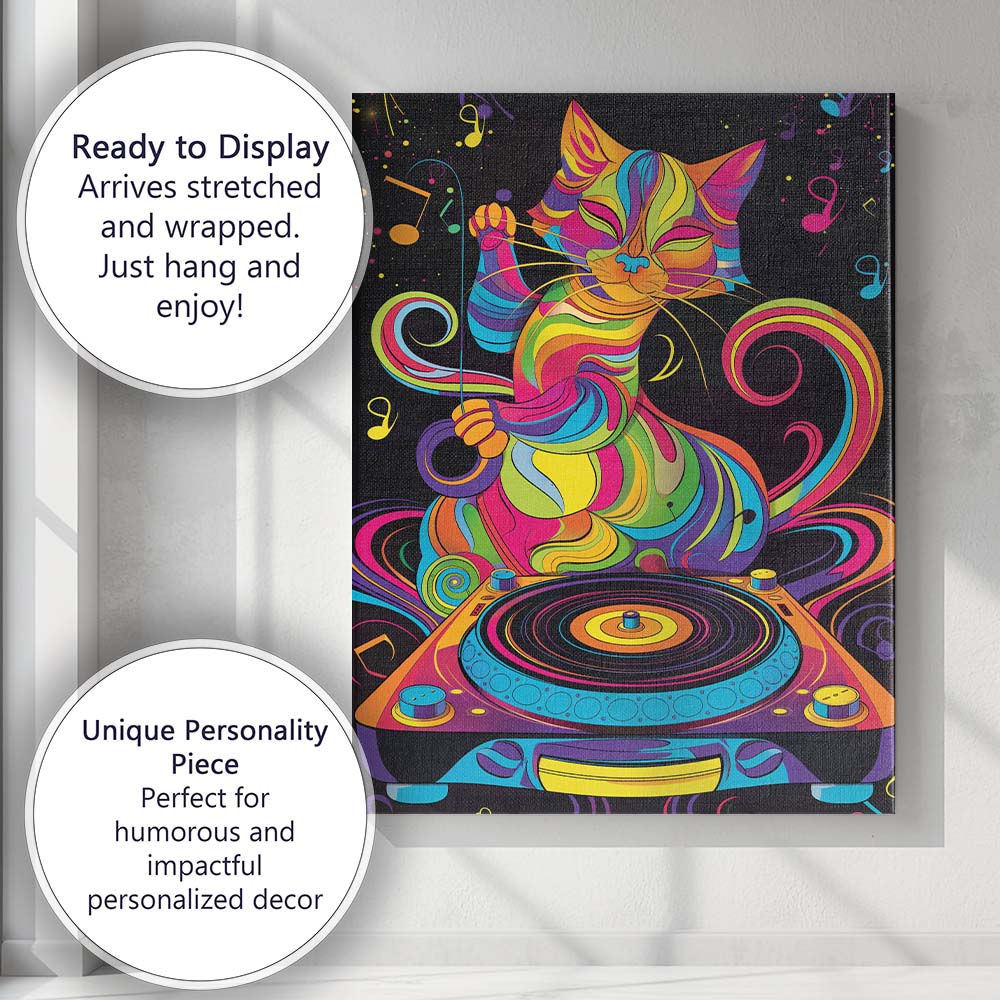 Rainbow Psychedelic DJ Cat Music Illustration Canvas Wall Art Print Decor Picture Ready to Hang