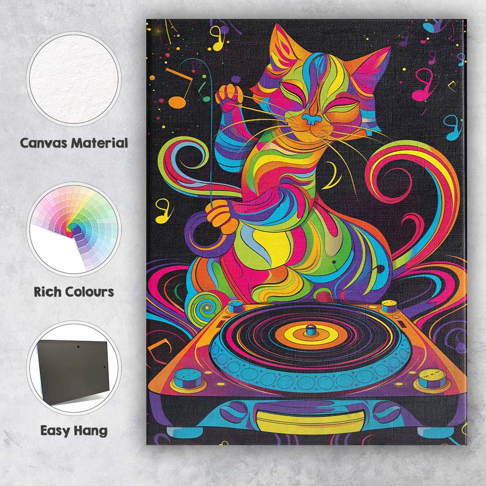 Rainbow Psychedelic DJ Cat Music Illustration Canvas Wall Art Print Decor Picture Ready to Hang