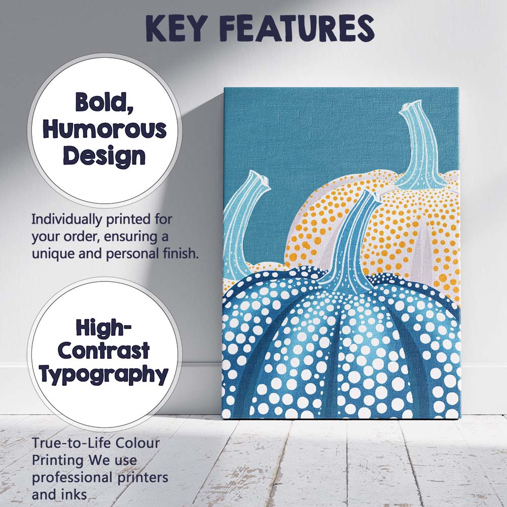 Blue and White Polka Dot Pumpkin Autumn Harvest Illustration Canvas Wall Art Print Decor Picture Ready to Hang