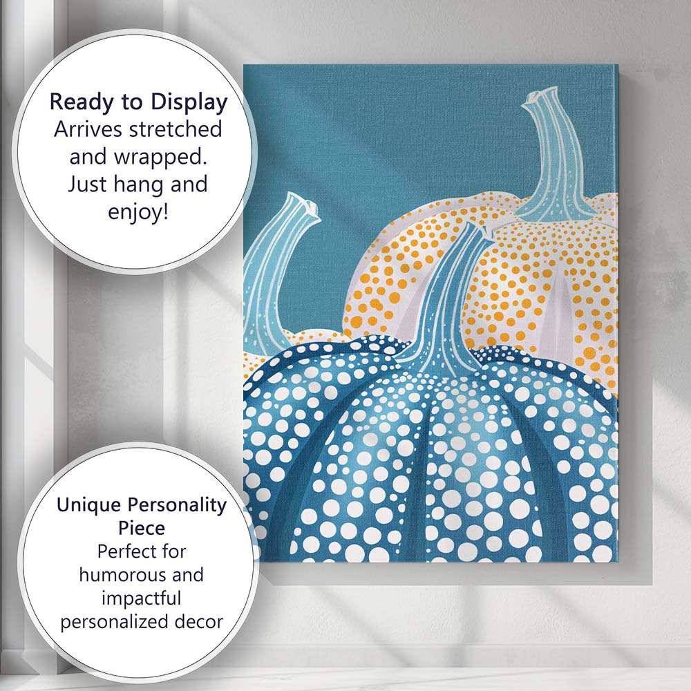 Blue and White Polka Dot Pumpkin Autumn Harvest Illustration Canvas Wall Art Print Decor Picture Ready to Hang