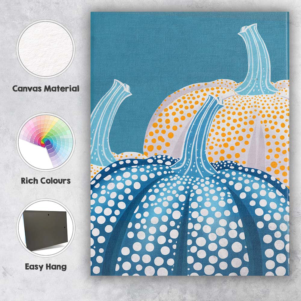 Blue and White Polka Dot Pumpkin Autumn Harvest Illustration Canvas Wall Art Print Decor Picture Ready to Hang