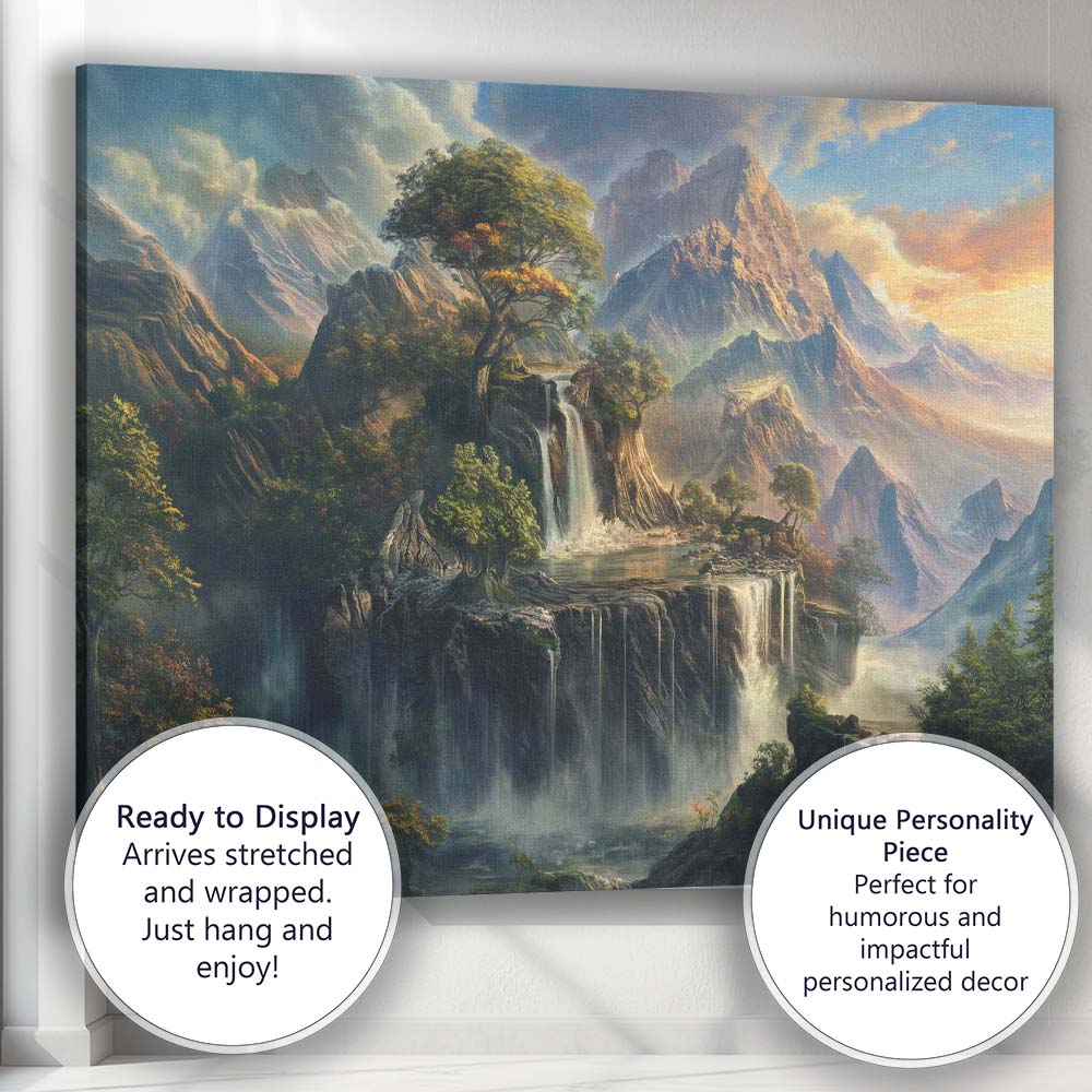 Majestic Mountain Waterfall Landscape Fantasy Nature Painting Canvas Wall Art Print Decor Picture Ready to Hang
