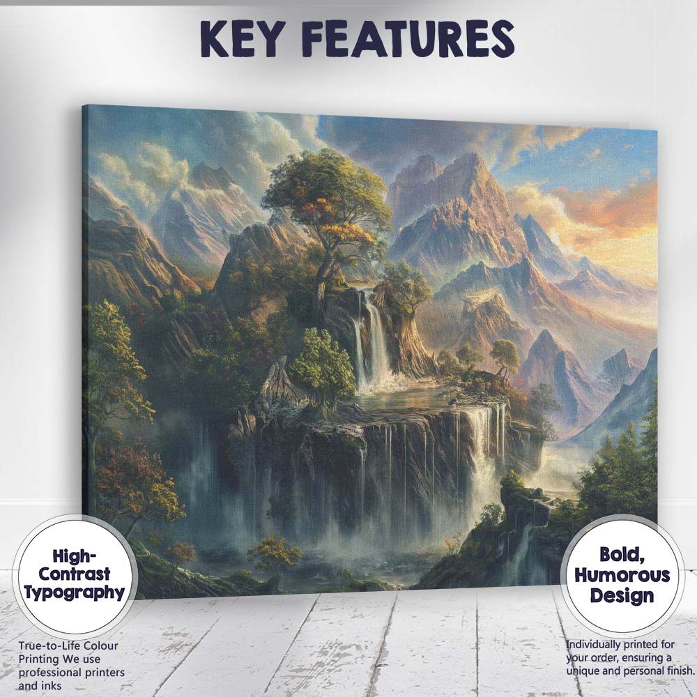Majestic Mountain Waterfall Landscape Fantasy Nature Painting Canvas Wall Art Print Decor Picture Ready to Hang