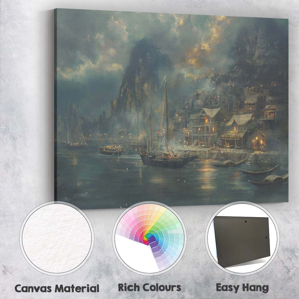 Atmospheric Coastal Harbour Village Evening Landscape Painting Canvas Wall Art Print Decor Picture Ready to Hang