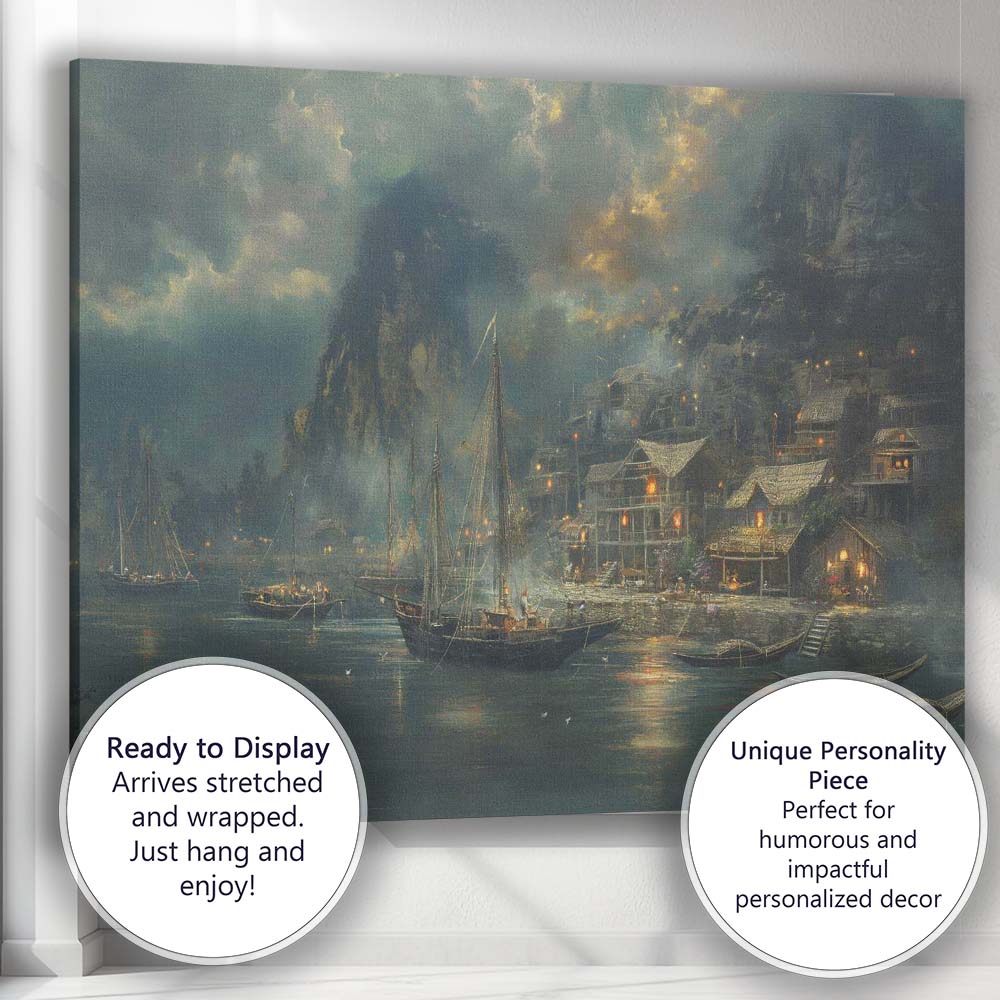 Atmospheric Coastal Harbour Village Evening Landscape Painting Canvas Wall Art Print Decor Picture Ready to Hang