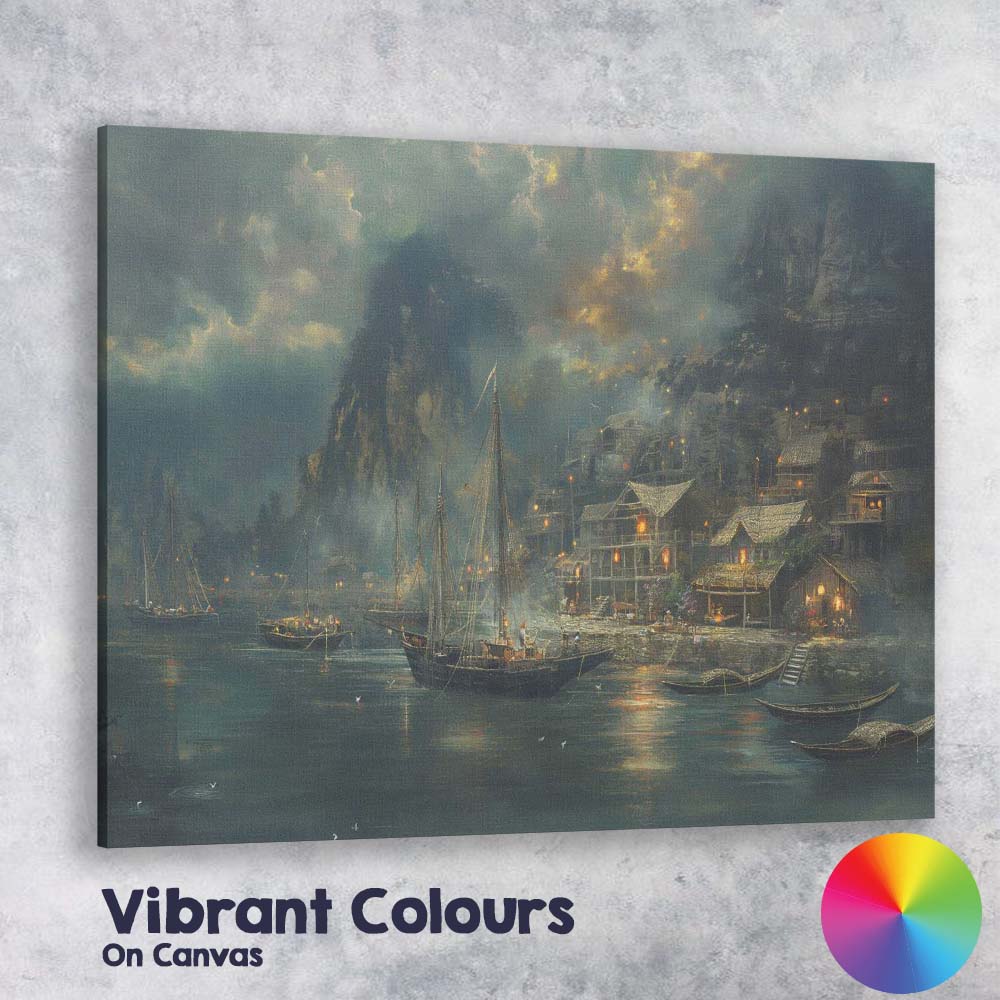 Atmospheric Coastal Harbour Village Evening Landscape Painting Canvas Wall Art Print Decor Picture Ready to Hang