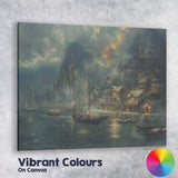Atmospheric Coastal Harbour Village Evening Landscape Painting Canvas Wall Art Print Decor Picture Ready to Hang
