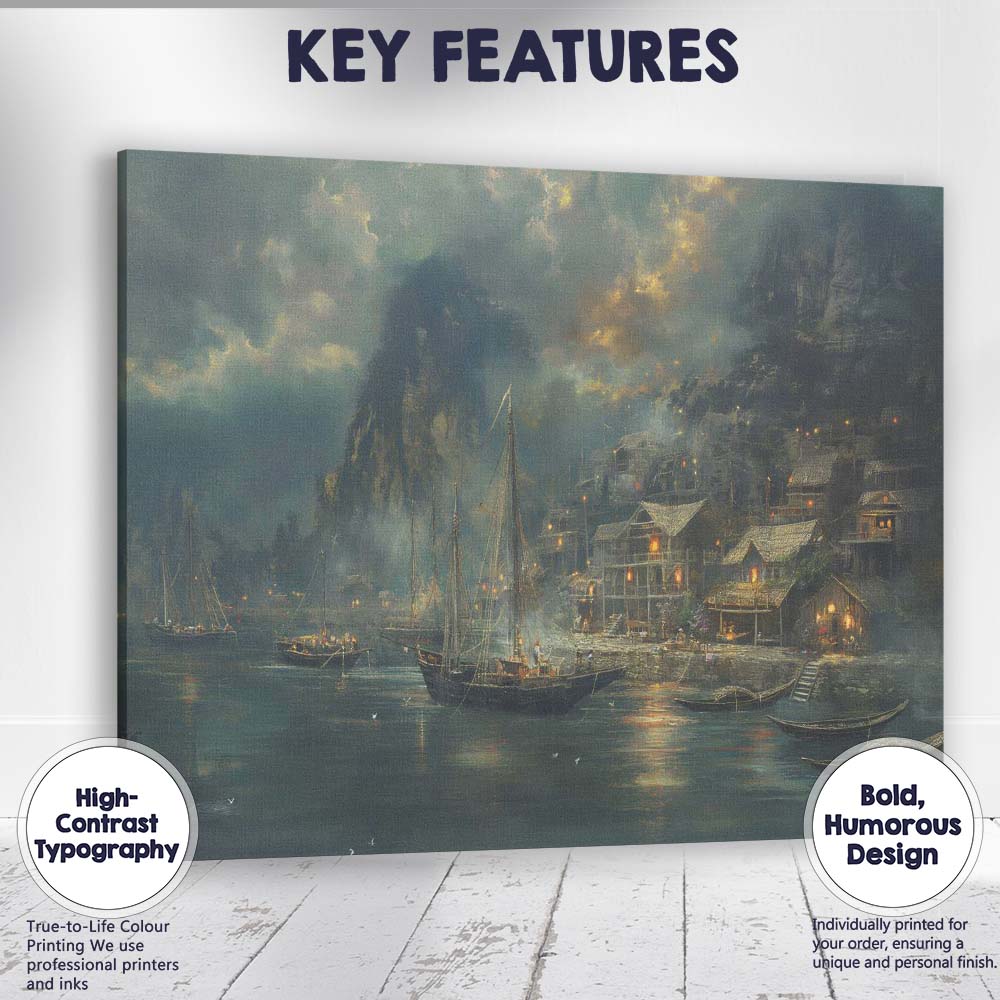 Atmospheric Coastal Harbour Village Evening Landscape Painting Canvas Wall Art Print Decor Picture Ready to Hang