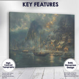 Atmospheric Coastal Harbour Village Evening Landscape Painting Canvas Wall Art Print Decor Picture Ready to Hang