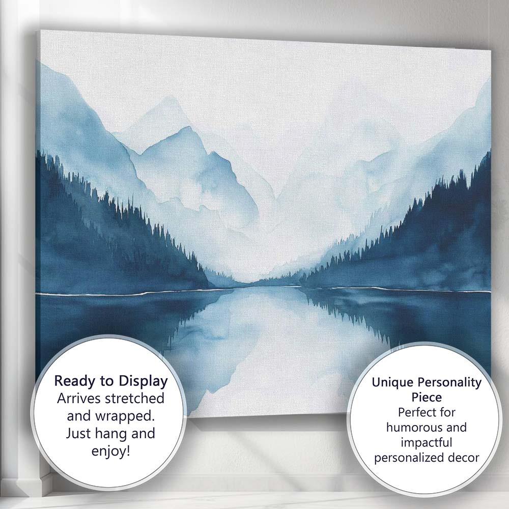 Misty Blue Mountain Lake Reflection Watercolour Landscape Canvas Wall Art Print Decor Picture Ready to Hang