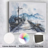 Rustic Lakeside Road Watercolour Village Landscape Canvas Wall Art Print Decor Picture Ready to Hang