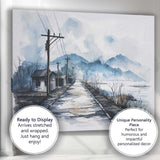 Rustic Lakeside Road Watercolour Village Landscape Canvas Wall Art Print Decor Picture Ready to Hang