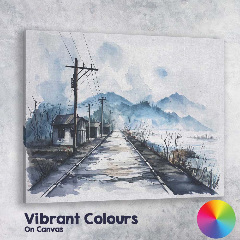 Rustic Lakeside Road Watercolour Village Landscape Canvas Wall Art Print Decor Picture Ready to Hang