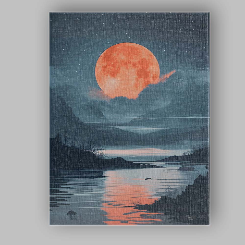 Coral Full Moon Tranquil Lake Night Landscape Canvas Wall Art Print Decor Picture Ready to Hang