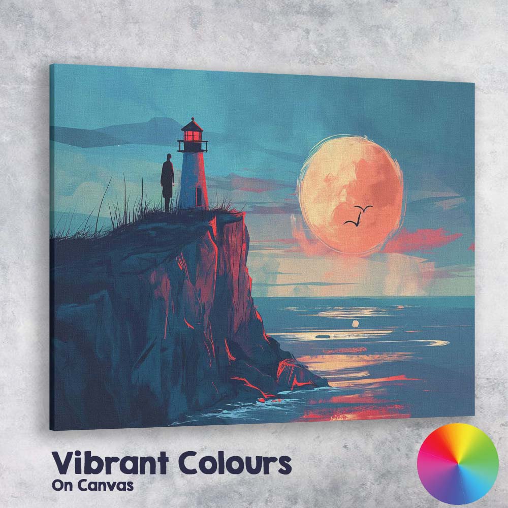 Moonlit Lighthouse Coastal Cliff Seascape Illustration Canvas Wall Art Print Decor Picture Ready to Hang