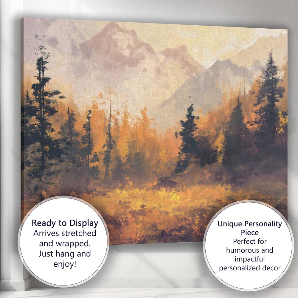 Golden Autumn Forest Mountain Landscape Misty Sunrise Canvas Wall Art Print Decor Picture Ready to Hang