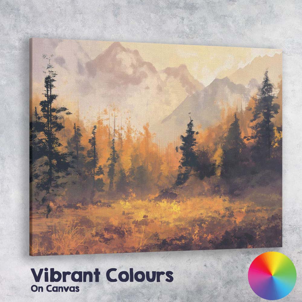 Golden Autumn Forest Mountain Landscape Misty Sunrise Canvas Wall Art Print Decor Picture Ready to Hang