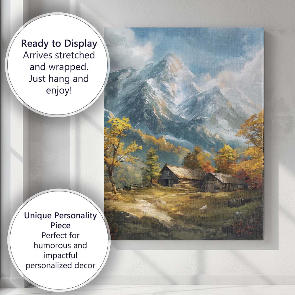 Snow Capped Mountain Cabin Rustic Countryside Landscape Canvas Wall Art Print Decor Picture Ready to Hang