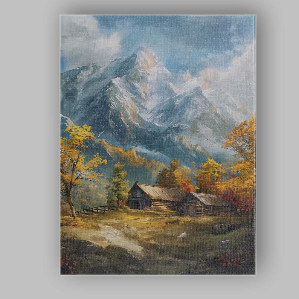 Snow Capped Mountain Cabin Rustic Countryside Landscape Canvas Wall Art Print Decor Picture Ready to Hang