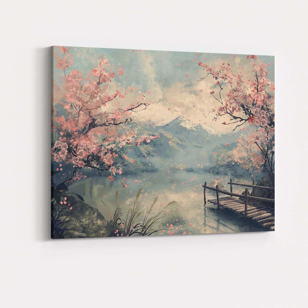 Blossom Tree Mountain Lake Spring Landscape Japanese Inspired Canvas Wall Art Print Decor Picture Ready to Hang