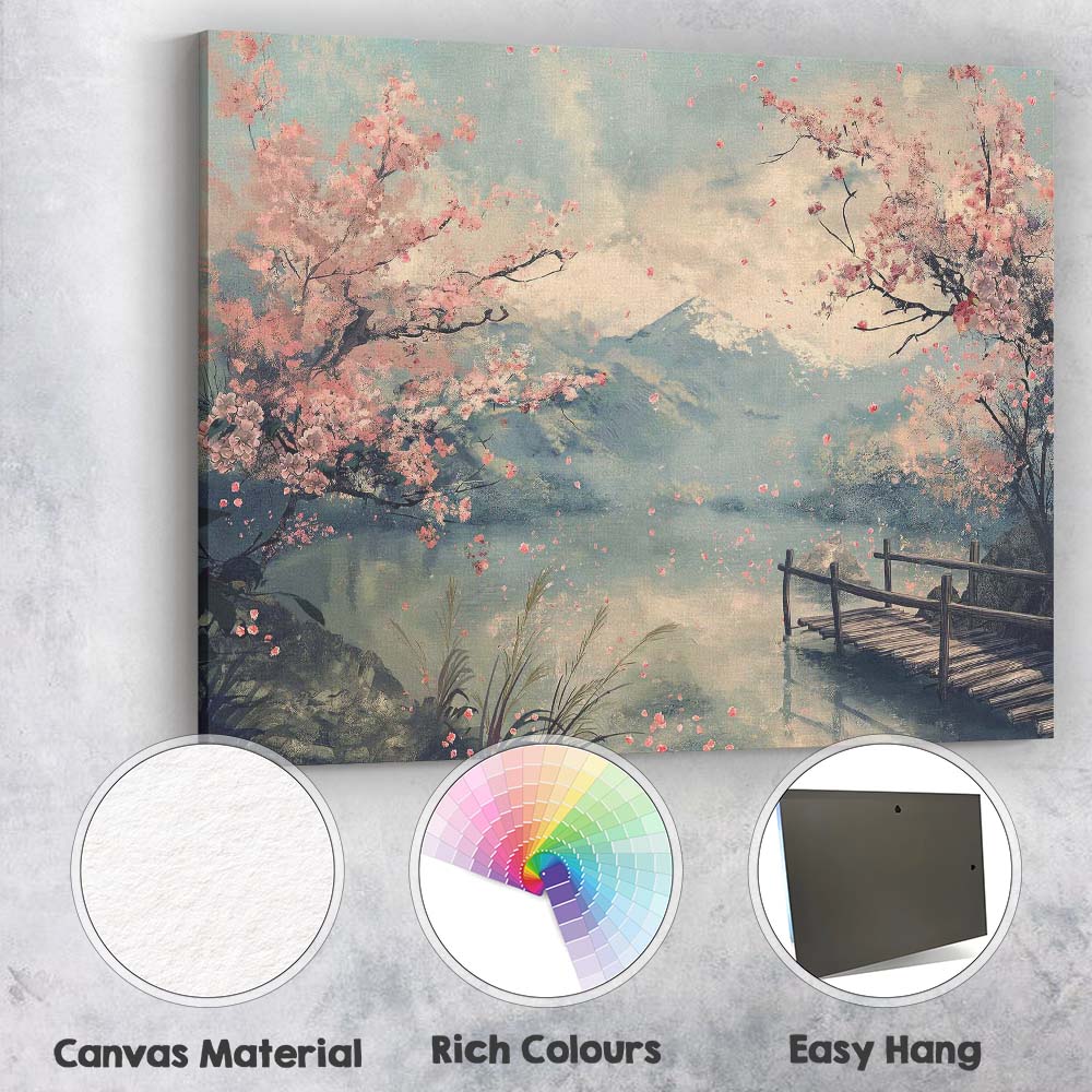 Blossom Tree Mountain Lake Spring Landscape Japanese Inspired Canvas Wall Art Print Decor Picture Ready to Hang