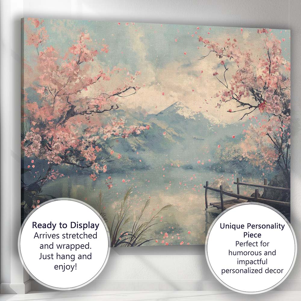 Blossom Tree Mountain Lake Spring Landscape Japanese Inspired Canvas Wall Art Print Decor Picture Ready to Hang