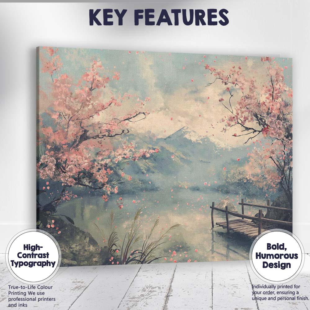 Blossom Tree Mountain Lake Spring Landscape Japanese Inspired Canvas Wall Art Print Decor Picture Ready to Hang