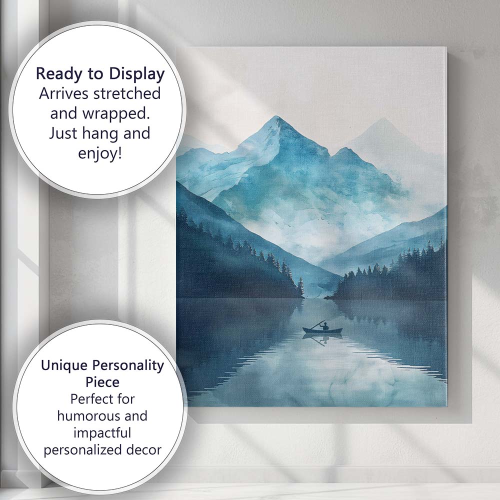Blue Watercolour Mountain Lake Lone Boat Serene Landscape Canvas Wall Art Print Decor Picture Ready to Hang