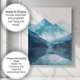Blue Watercolour Mountain Lake Lone Boat Serene Landscape Canvas Wall Art Print Decor Picture Ready to Hang